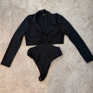 Zara Black Long-Sleeve Ring-Front Collared Bodysuit